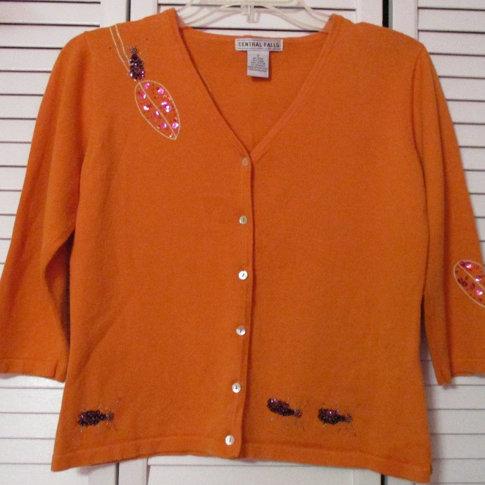 Central Falls Women's Orange Cardigan Sweater Embellished w/Flowers & Ants